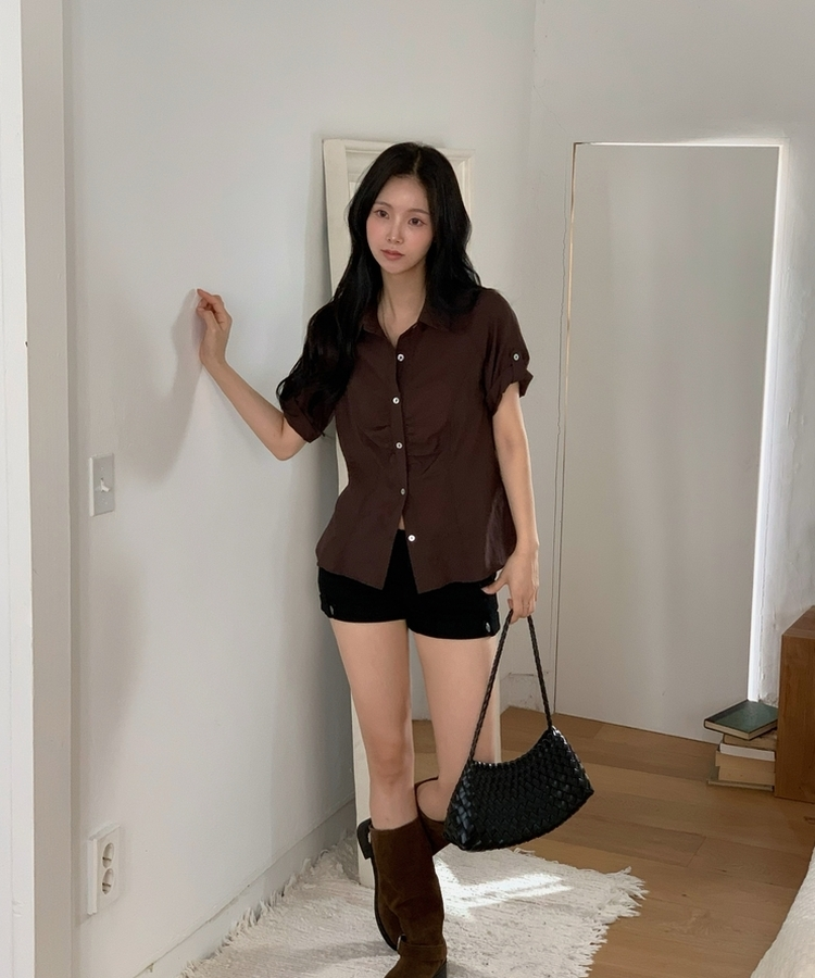 ロールアップシャーリング七分袖シャツ BROWN