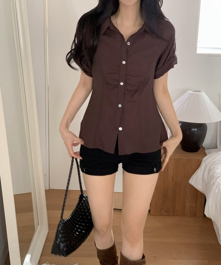 ロールアップシャーリング七分袖シャツ BROWN