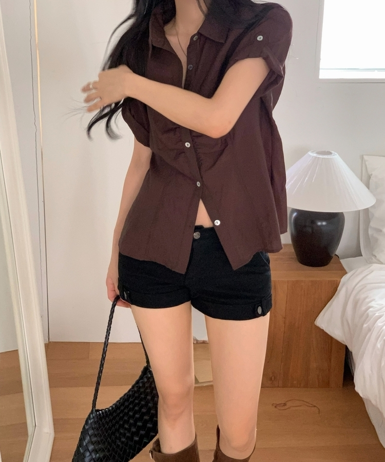 ロールアップシャーリング七分袖シャツ BROWN