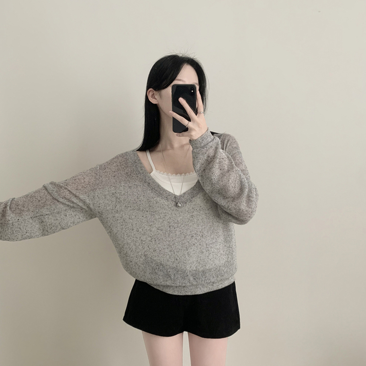 ディープVネックメッシュレイヤードニット MELANGE