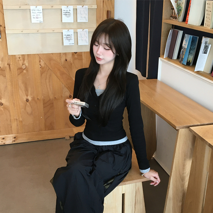 レイヤードセミクロップドTシャツ(6color) BLACK