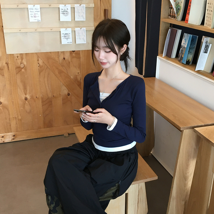 レイヤードセミクロップドTシャツ(6color) NAVY