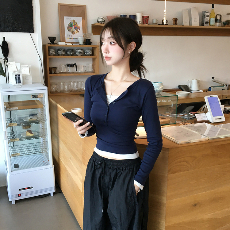 レイヤードセミクロップドTシャツ(6color) NAVY
