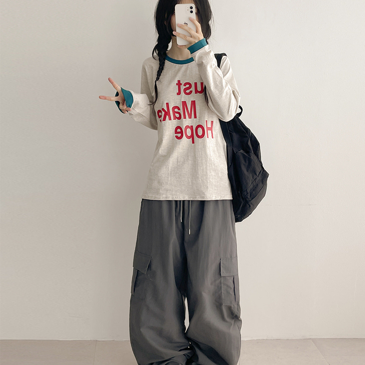 レタリングリンガー長袖Tシャツ OATMEAL