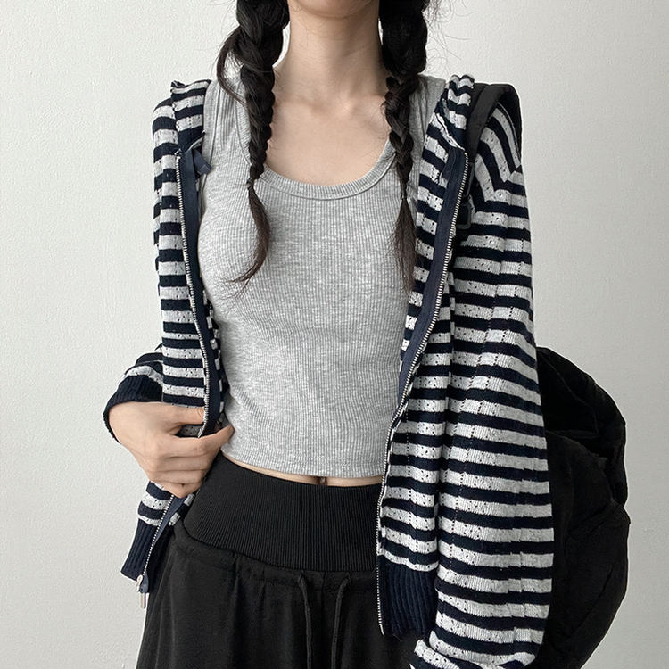 パンチングストライプフードトレーナー NAVY