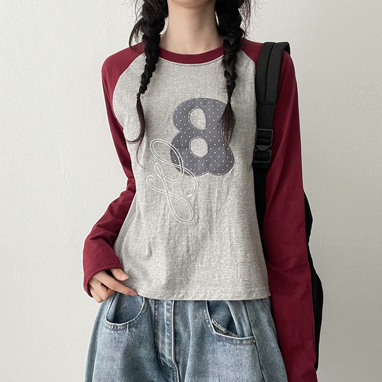 ラグラン刺繍長袖Tシャツ WINE