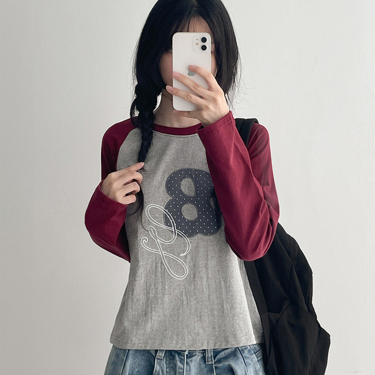 ラグラン刺繍長袖Tシャツ WINE