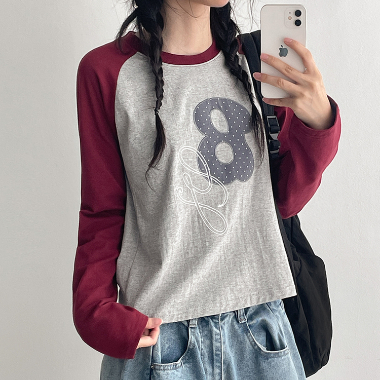ラグラン刺繍長袖Tシャツ WINE