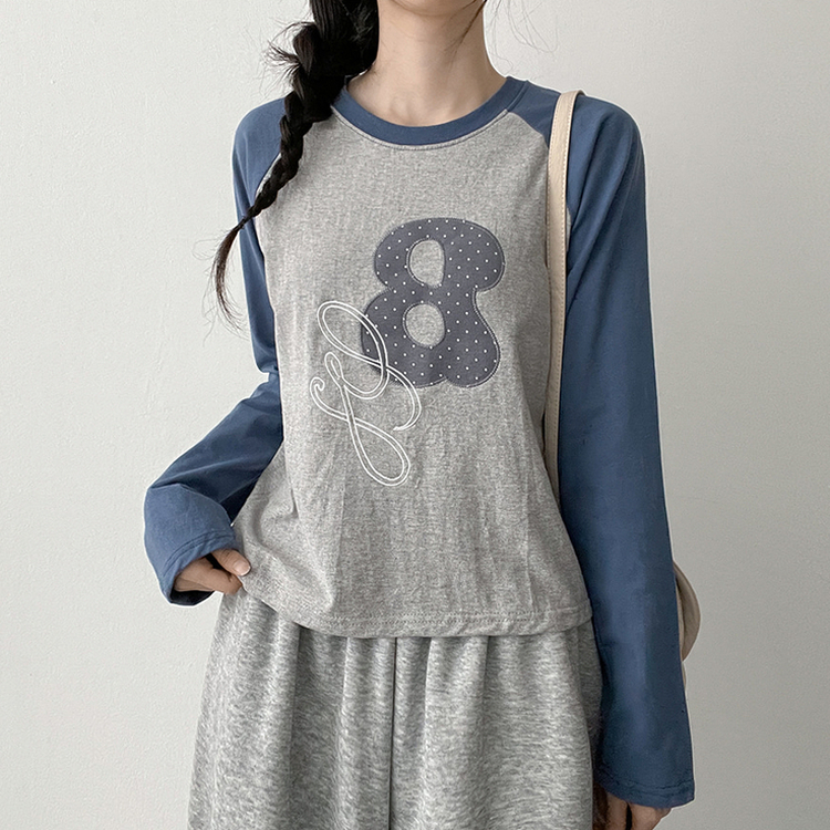 ラグラン刺繍長袖Tシャツ DEEP SKY BLUE