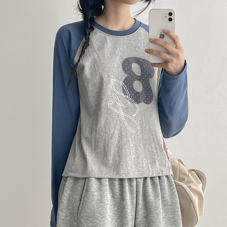 ラグラン刺繍長袖Tシャツ DEEP SKY BLUE
