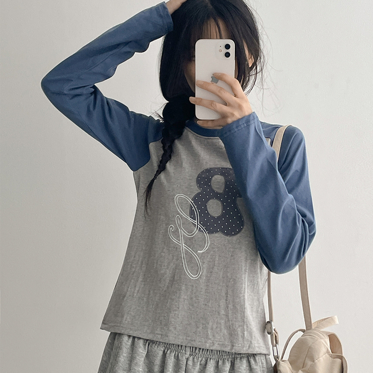 ラグラン刺繍長袖Tシャツ DEEP SKY BLUE