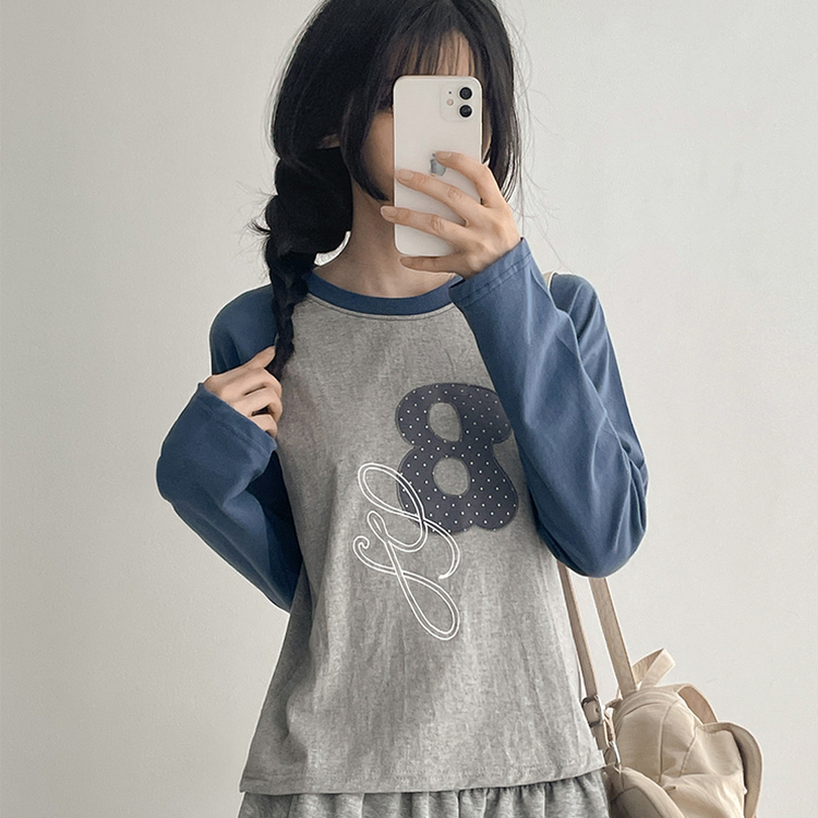 ラグラン刺繍長袖Tシャツ DEEP SKY BLUE