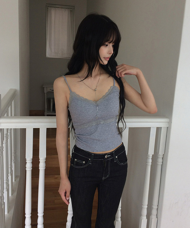 【カップ付き】レースリブキャミソールトップス GREY