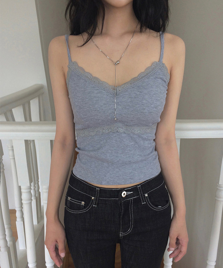 【カップ付き】レースリブキャミソールトップス GREY