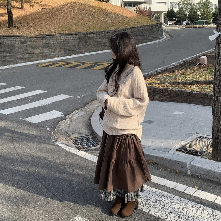 チェックティアードロングスカート BROWN