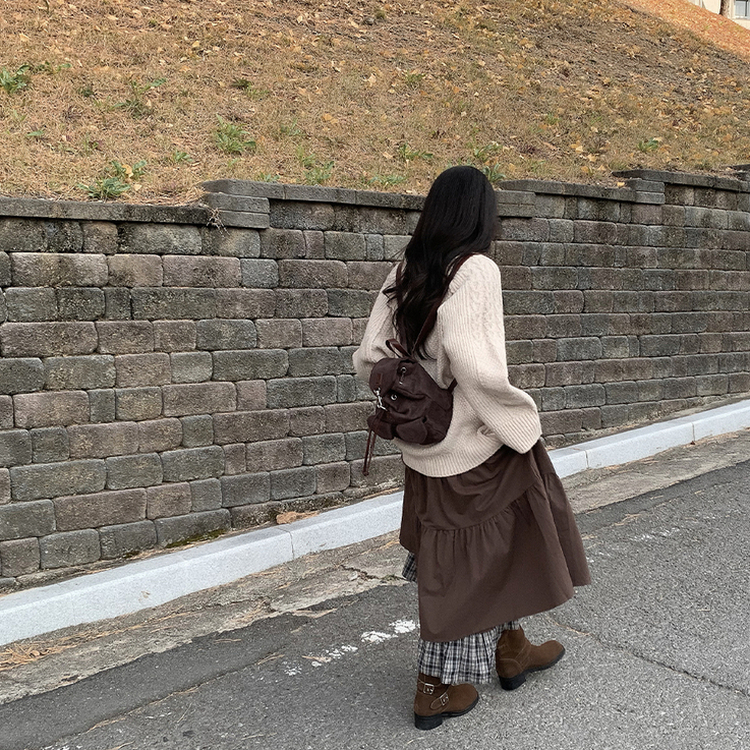チェックティアードロングスカート BROWN