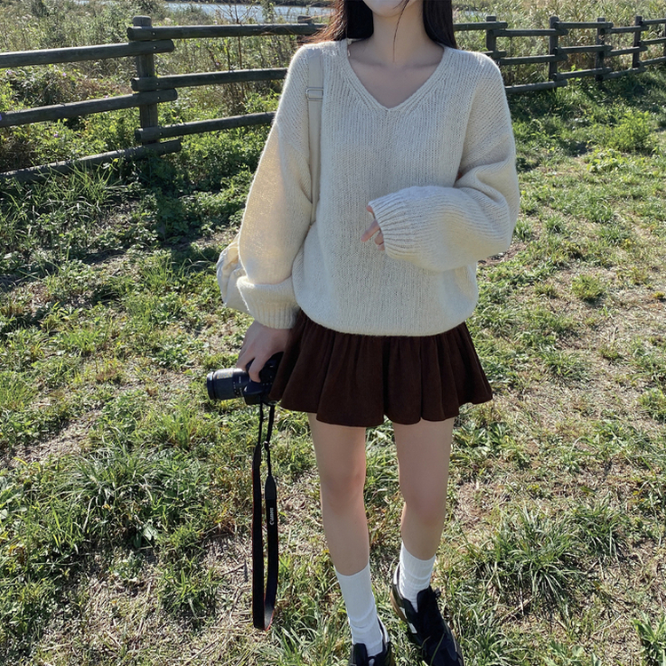 オーバーサイズ厚手Vネック長袖ニット IVORY