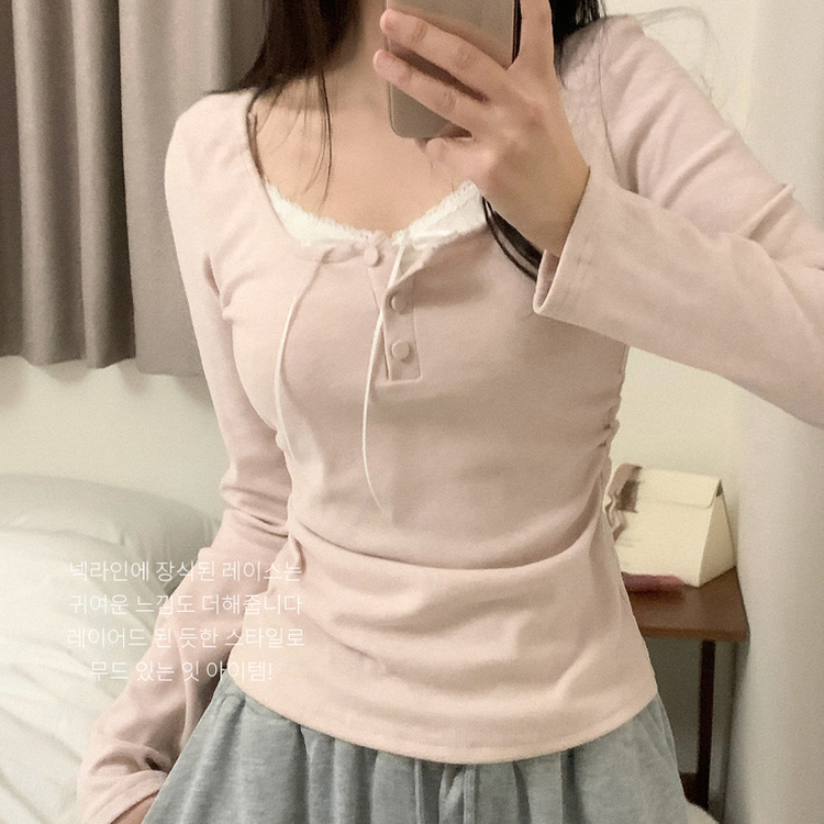 スリムレイヤードシャーリング長袖Tシャツ PINK