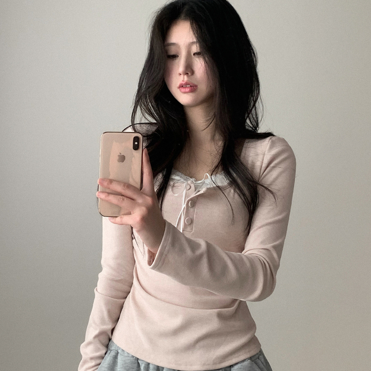 スリムレイヤードシャーリング長袖Tシャツ PINK