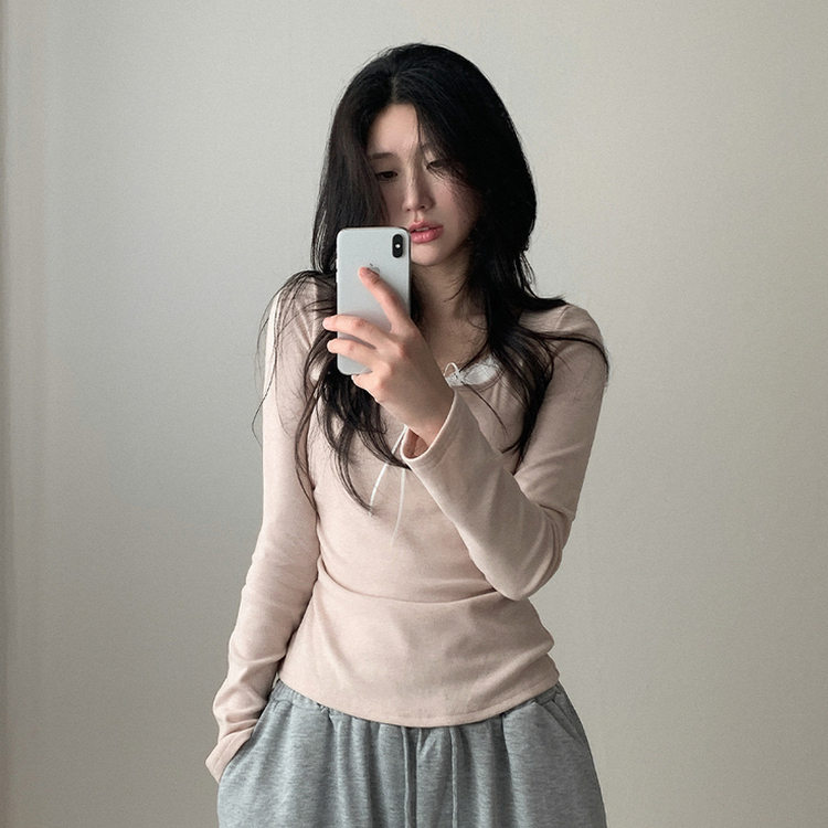スリムレイヤードシャーリング長袖Tシャツ PINK