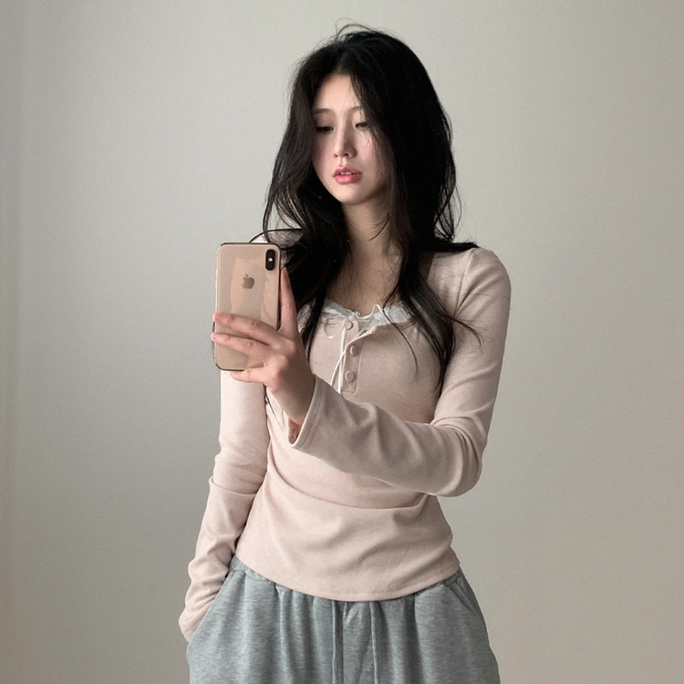 スリムレイヤードシャーリング長袖Tシャツ PINK