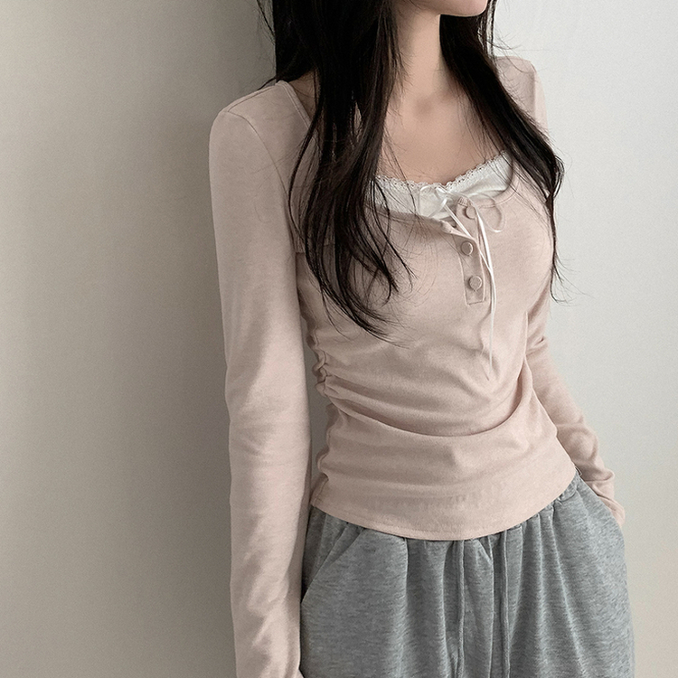スリムレイヤードシャーリング長袖Tシャツ PINK
