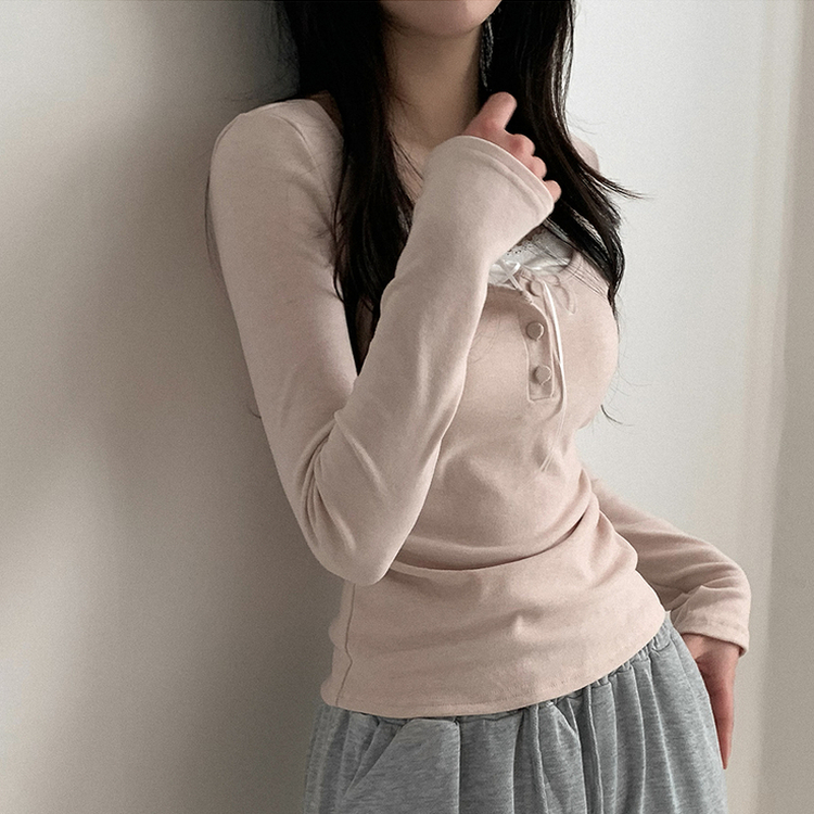 スリムレイヤードシャーリング長袖Tシャツ PINK