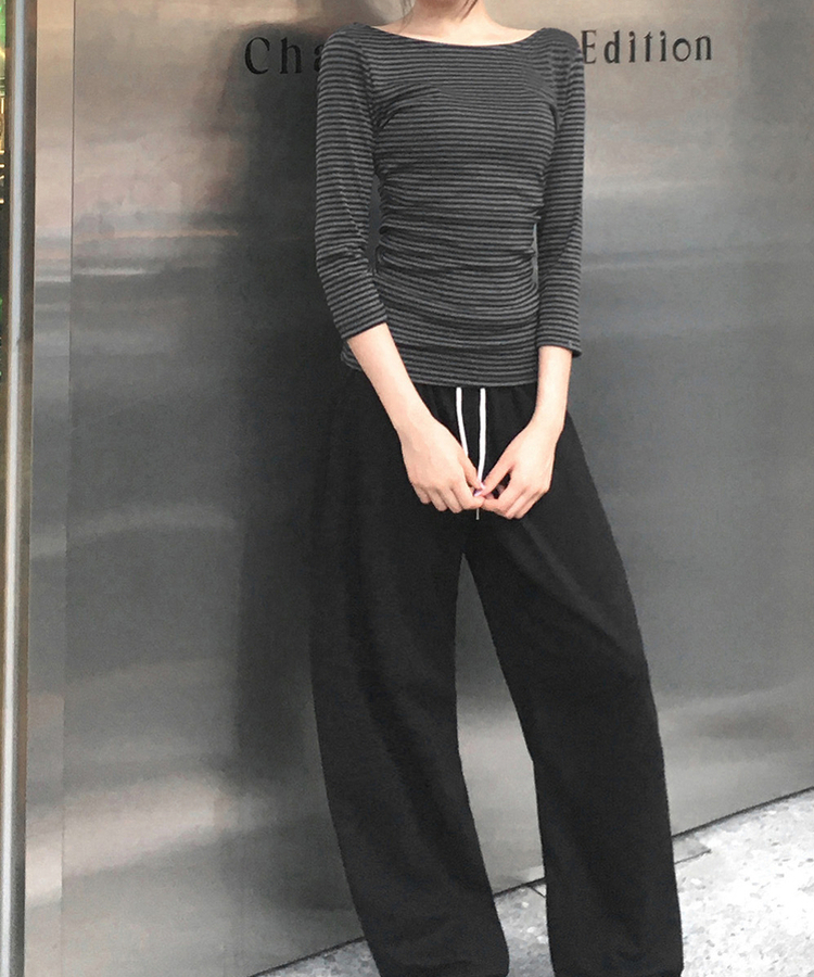 ボートネックストライプ7分袖Tシャツ(8color) CHARCOAL