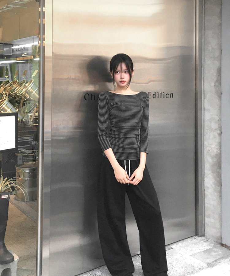 ボートネックストライプ7分袖Tシャツ(8color) CHARCOAL
