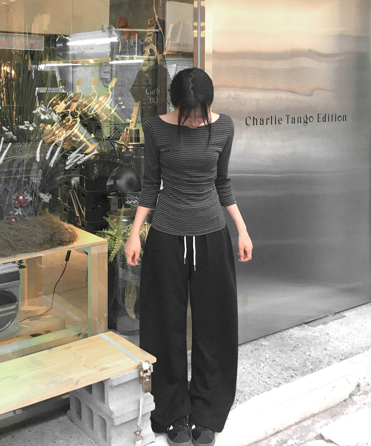 ボートネックストライプ7分袖Tシャツ(8color) CHARCOAL