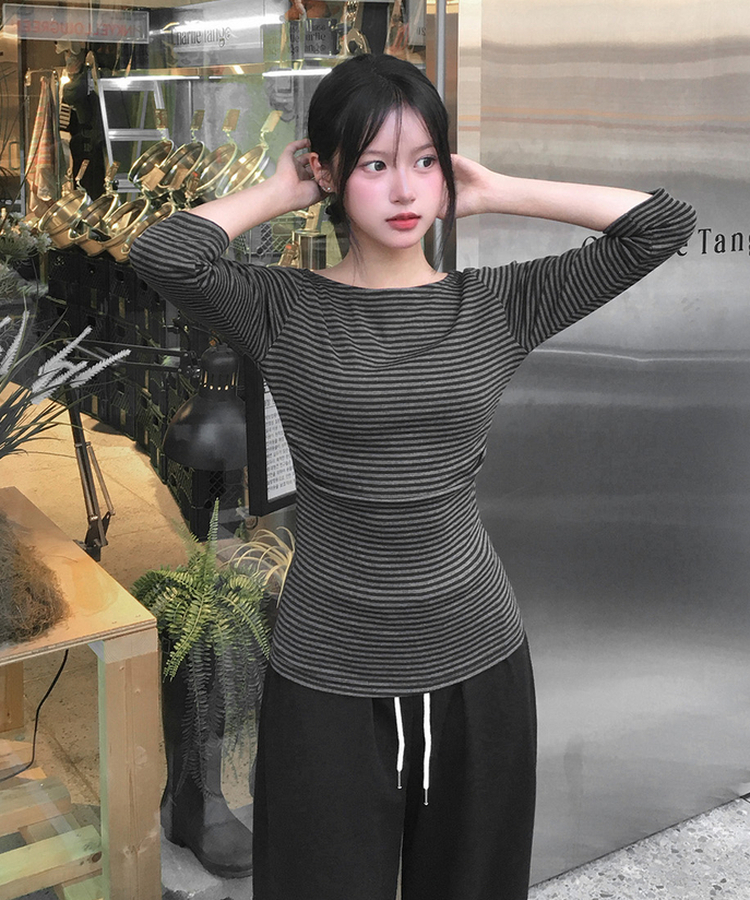 ボートネックストライプ7分袖Tシャツ(8color) CHARCOAL
