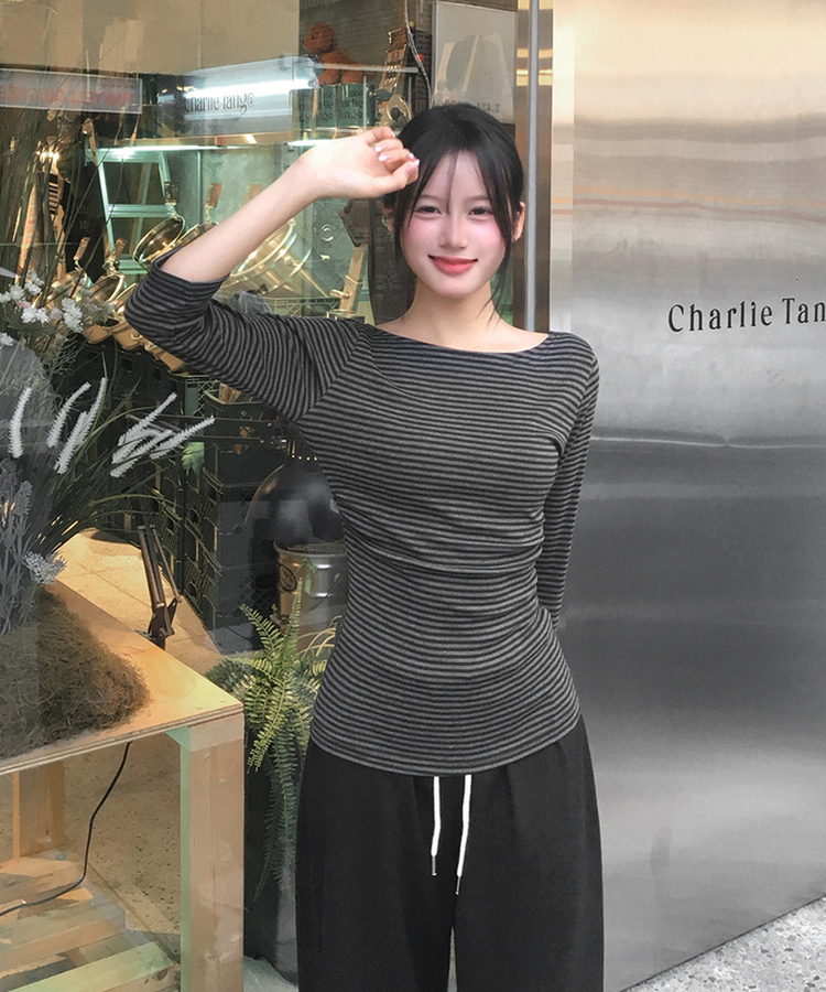 ボートネックストライプ7分袖Tシャツ(8color) CHARCOAL