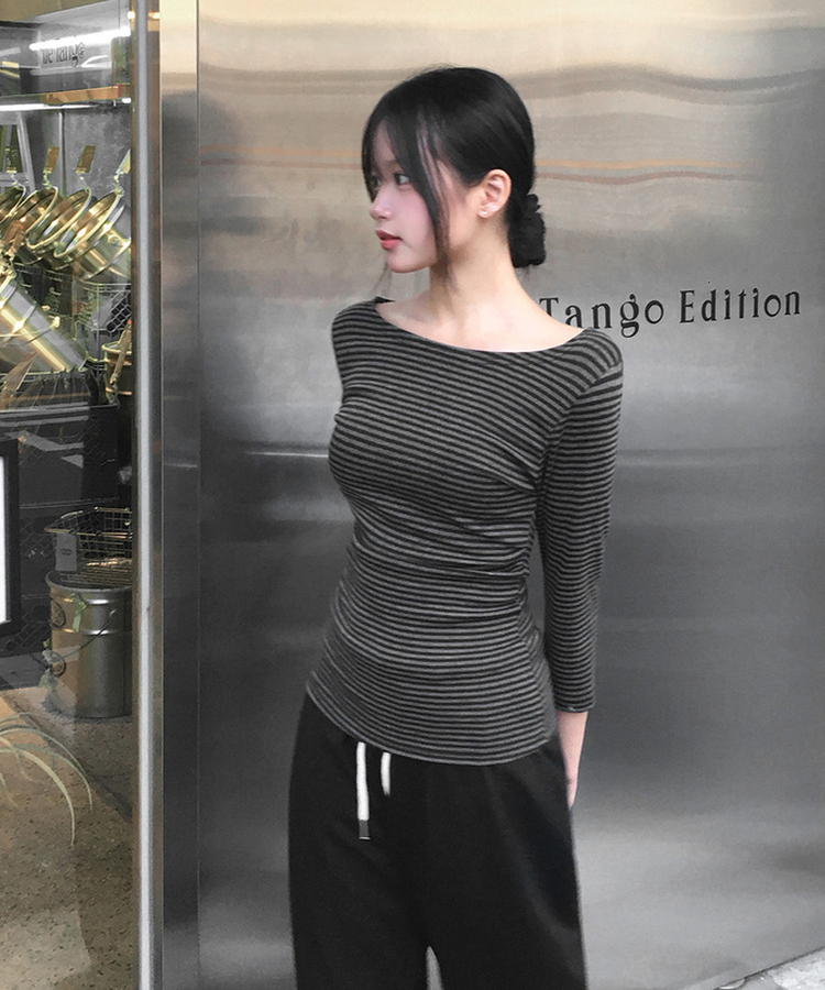 ボートネックストライプ7分袖Tシャツ(8color) CHARCOAL