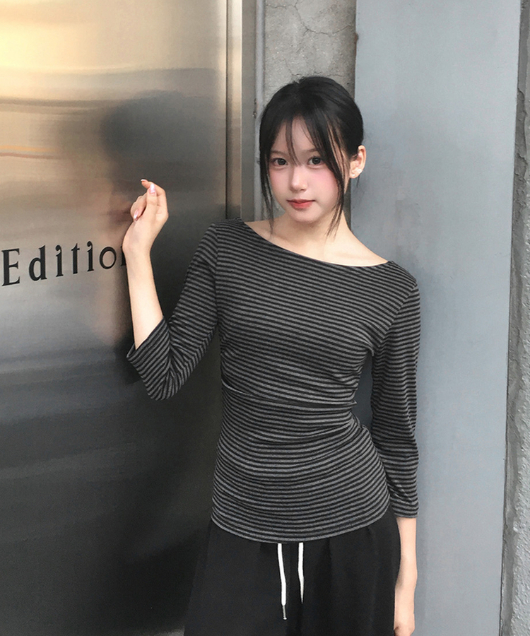 ボートネックストライプ7分袖Tシャツ(8color) CHARCOAL