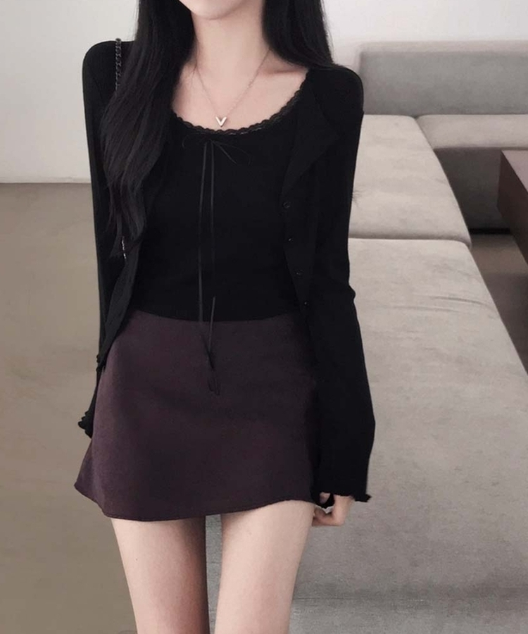 レースレイヤードカーディガンTシャツ BLACK