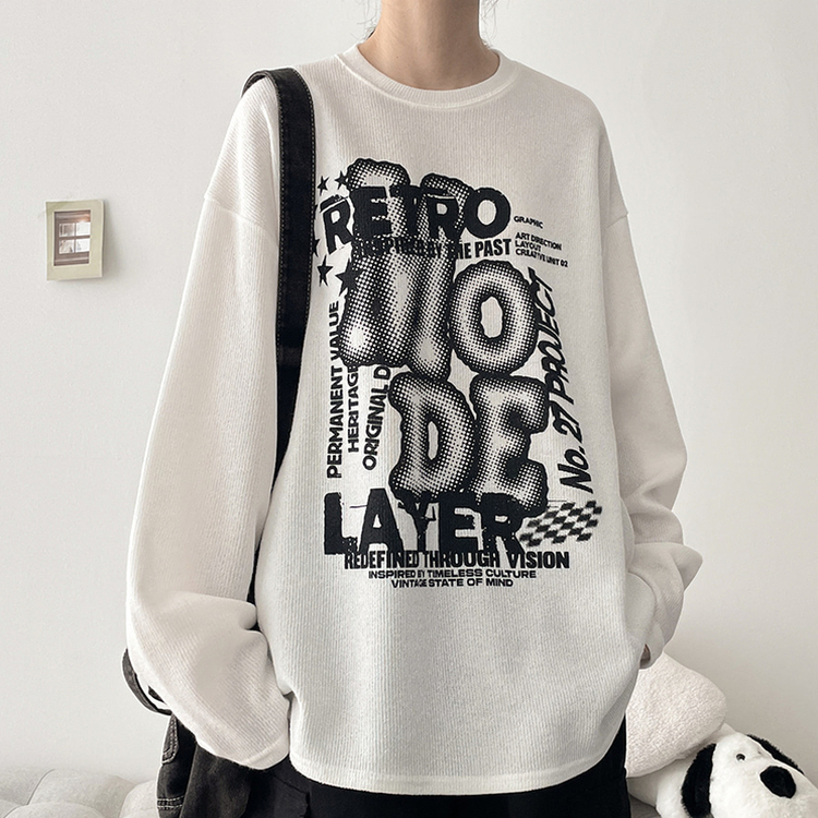 イラストプリントニット長袖Tシャツ IVORY