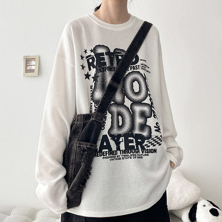 イラストプリントニット長袖Tシャツ IVORY