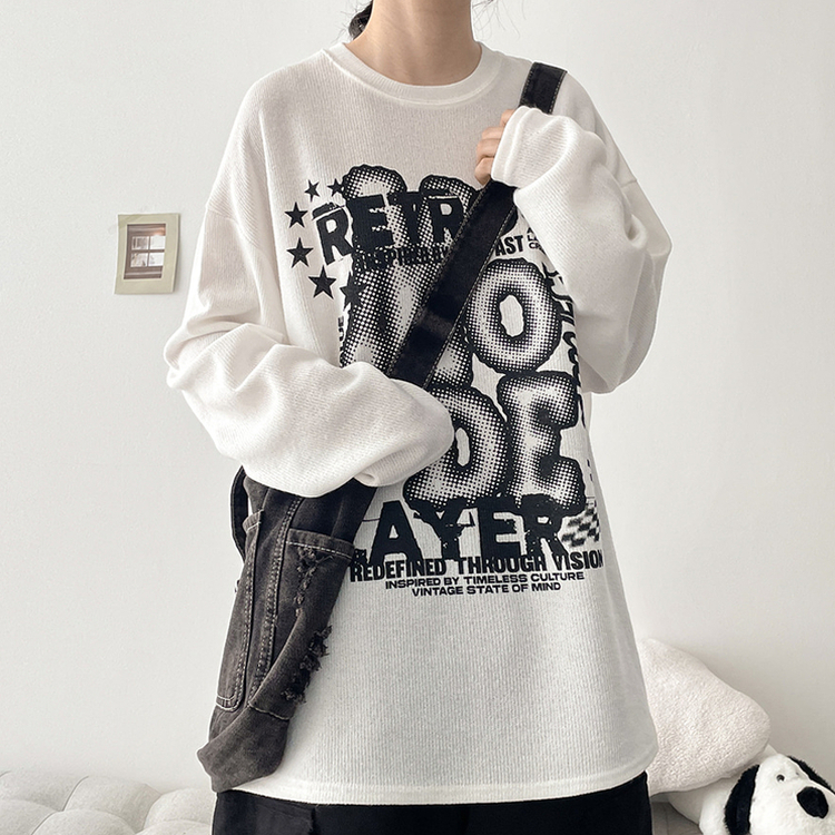 イラストプリントニット長袖Tシャツ IVORY