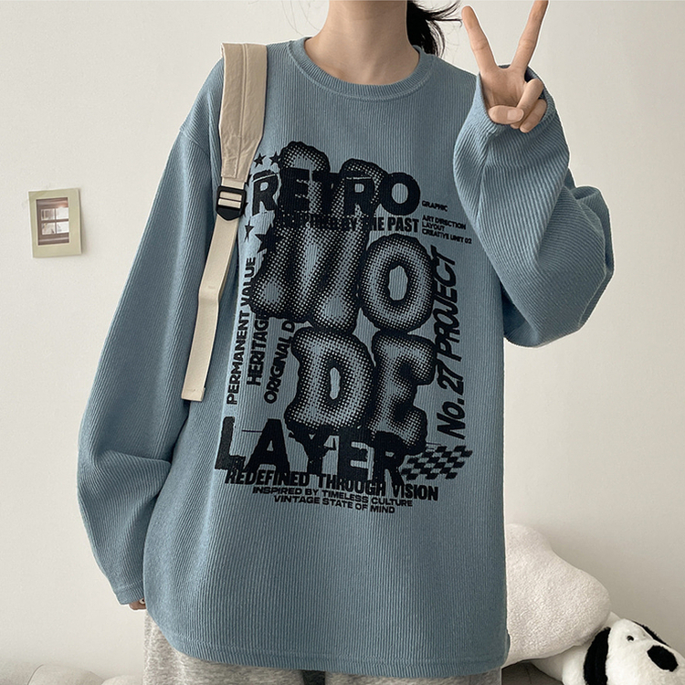 イラストプリントニット長袖Tシャツ SKY BLUE