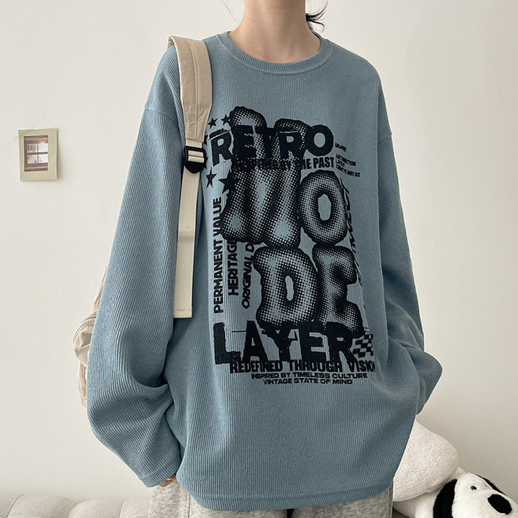 イラストプリントニット長袖Tシャツ SKY BLUE