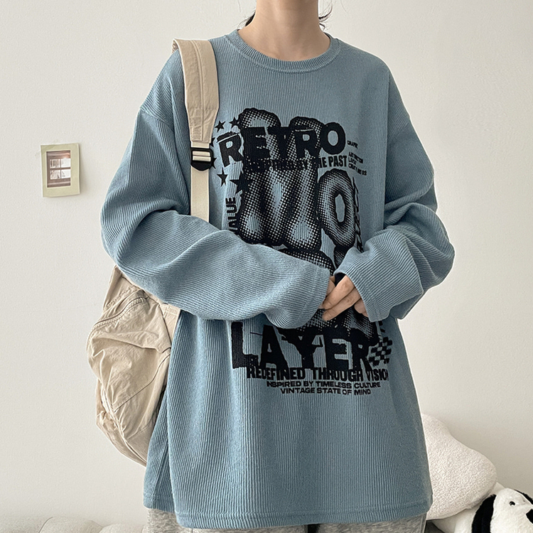 イラストプリントニット長袖Tシャツ SKY BLUE