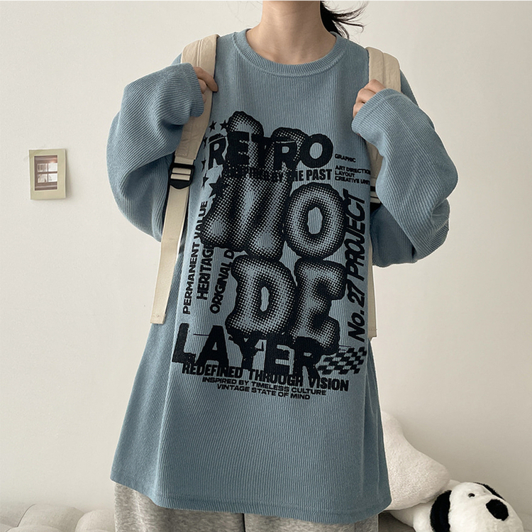 イラストプリントニット長袖Tシャツ SKY BLUE