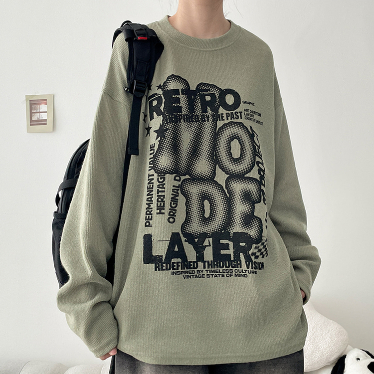イラストプリントニット長袖Tシャツ OLIVE