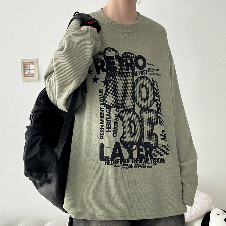 イラストプリントニット長袖Tシャツ OLIVE