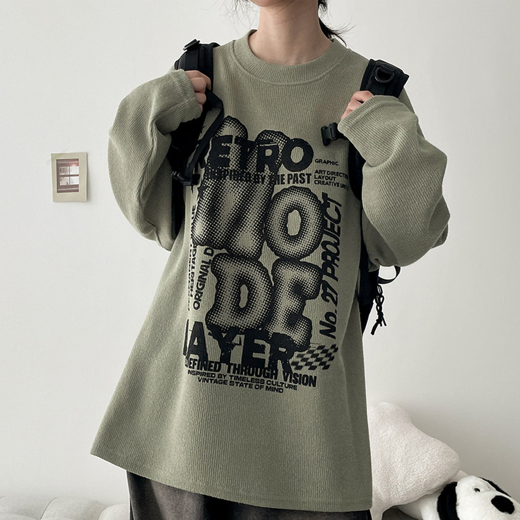 イラストプリントニット長袖Tシャツ OLIVE
