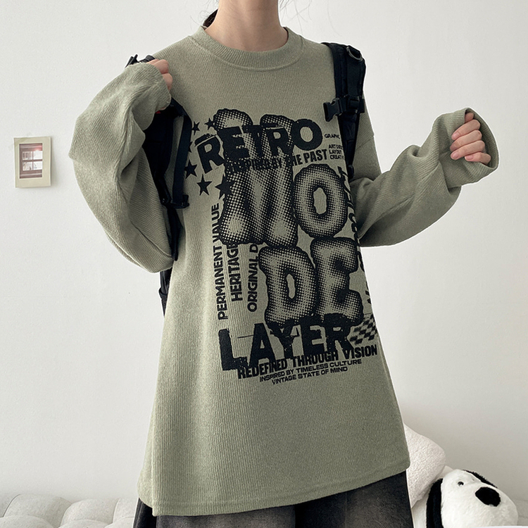 イラストプリントニット長袖Tシャツ OLIVE