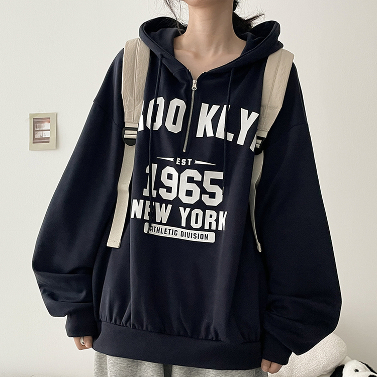 ハーフジップフードパーカー NAVY