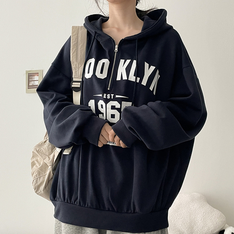 ハーフジップフードパーカー NAVY