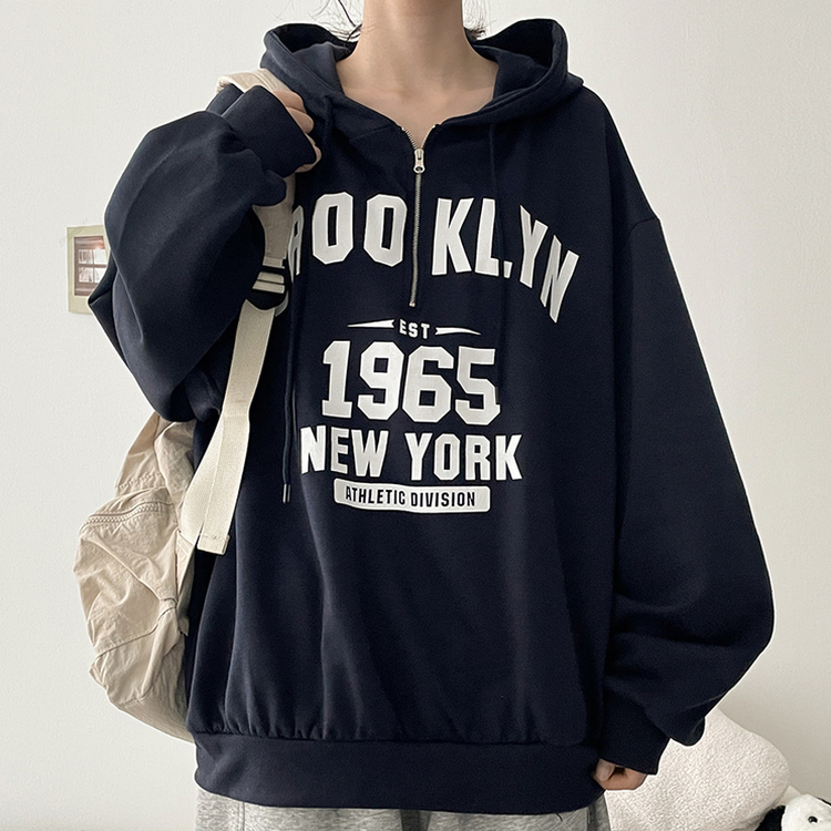 ハーフジップフードパーカー NAVY