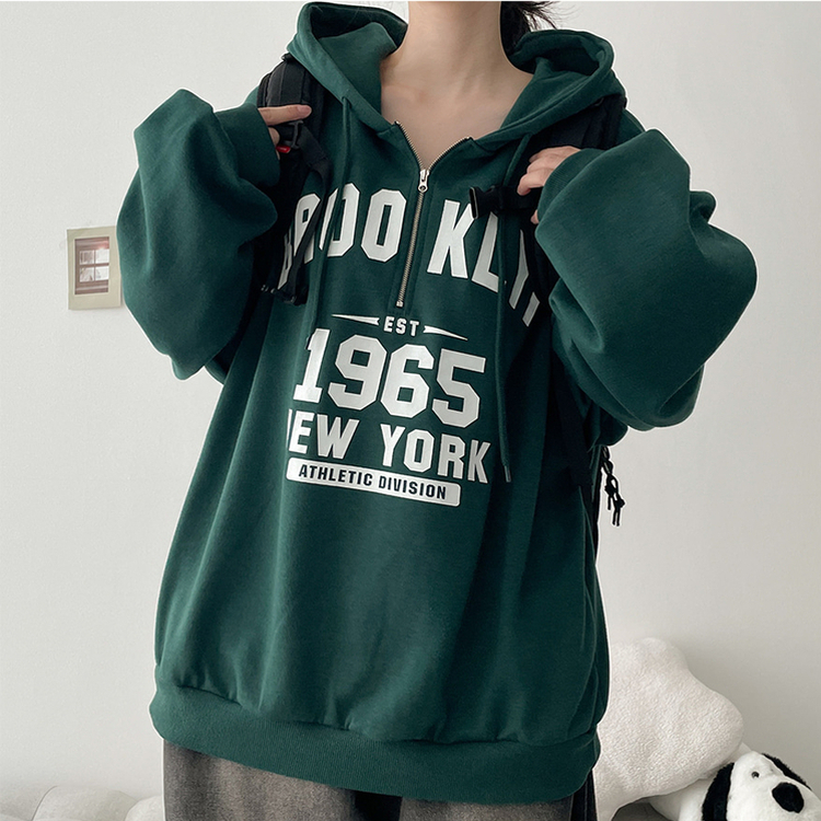 ハーフジップフードパーカー GREEN